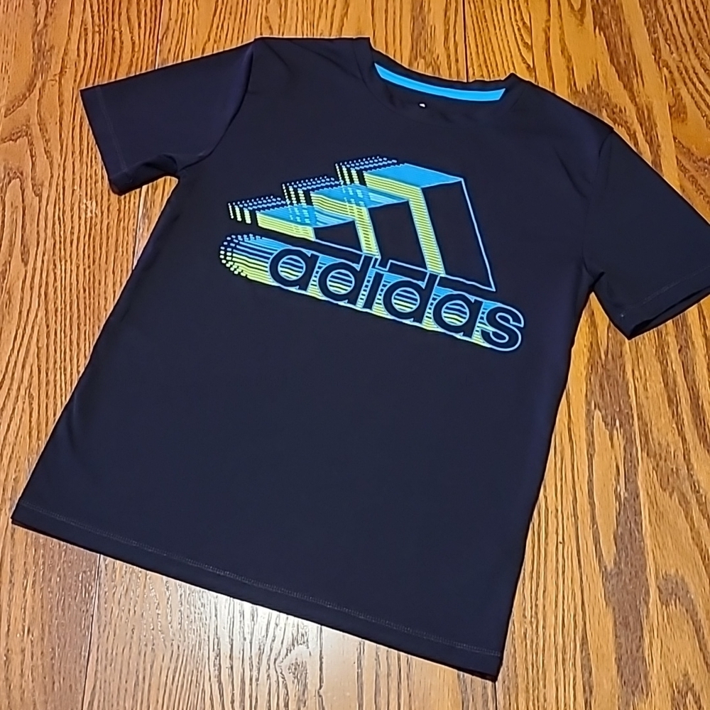 Adidas Athletic Black Shirt with Blue and Yellow Logo - Boy's Small